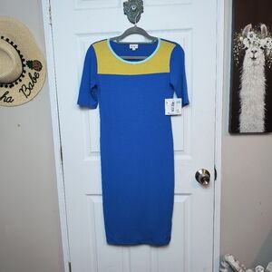 NWT Lularoe JULIA Pencil Dress Navy Blue Yellow Light Blue XS